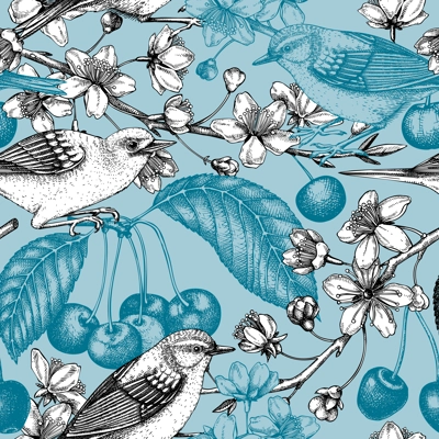 Cherry blossom branch seamless pattern. Vintage spring background with birds vector drawing. Blooming tree in sketch style, sakura with flowers, berries, leaves. Yellow warbler spring background 